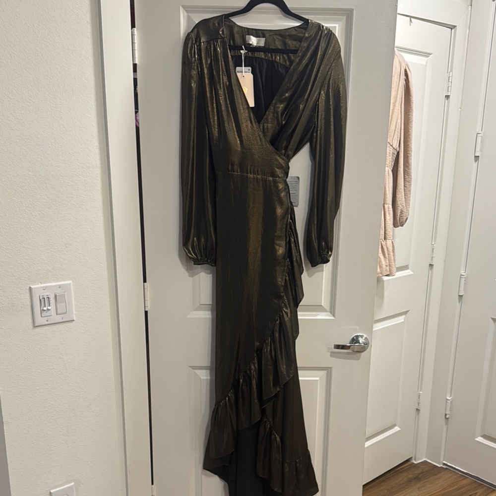 Wayf Black Bishop Sleeve Plunge Neck Gown